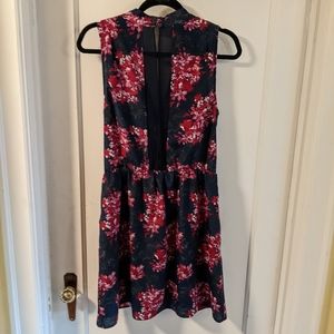 Blue dress with pink flowers V-neck pockets high open back Forever 21 L